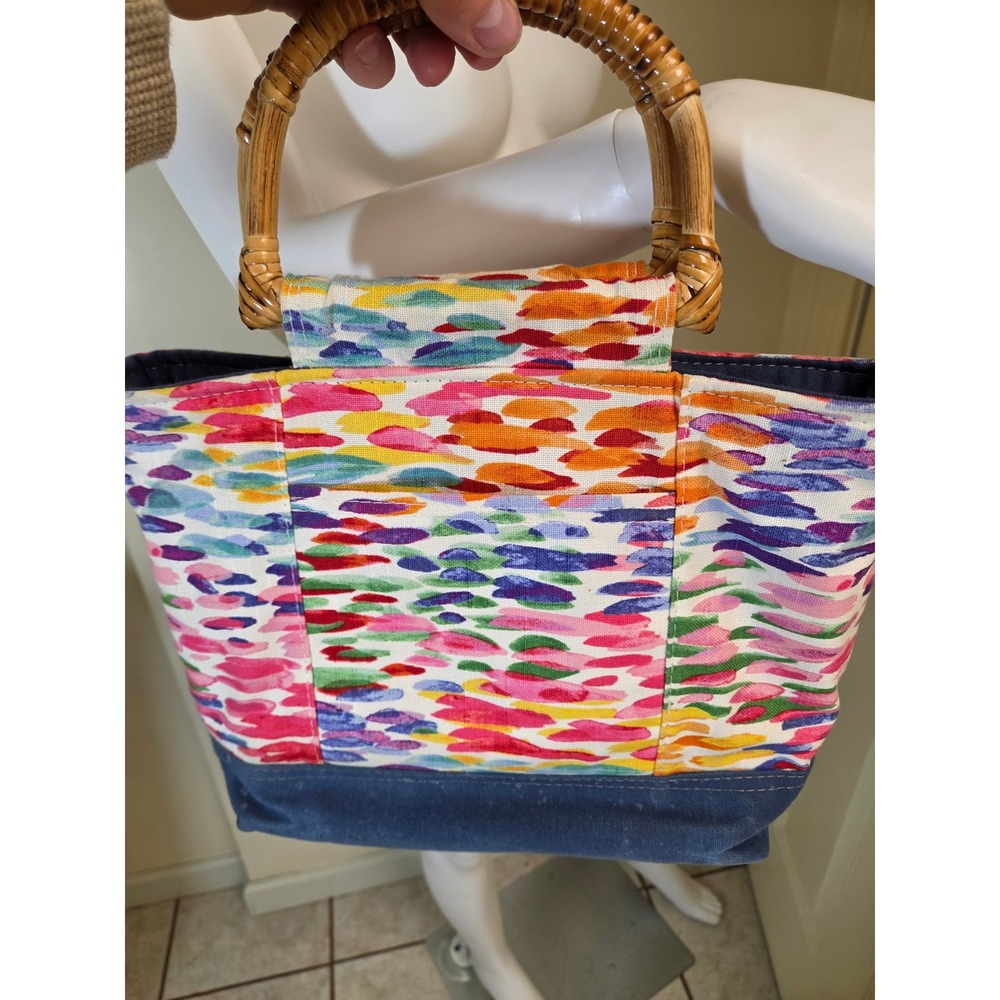 Lisa Maree Multi Color Abstract Canvas Tote Bag with Bamboo Handles and Pouch - Picture 3 of 13